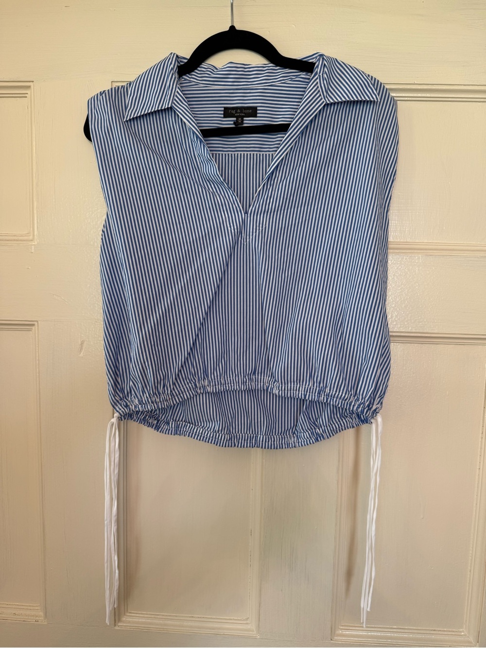 Rag & Bone Fiona Blue Stripe Sleeveless Collared Cinched Top